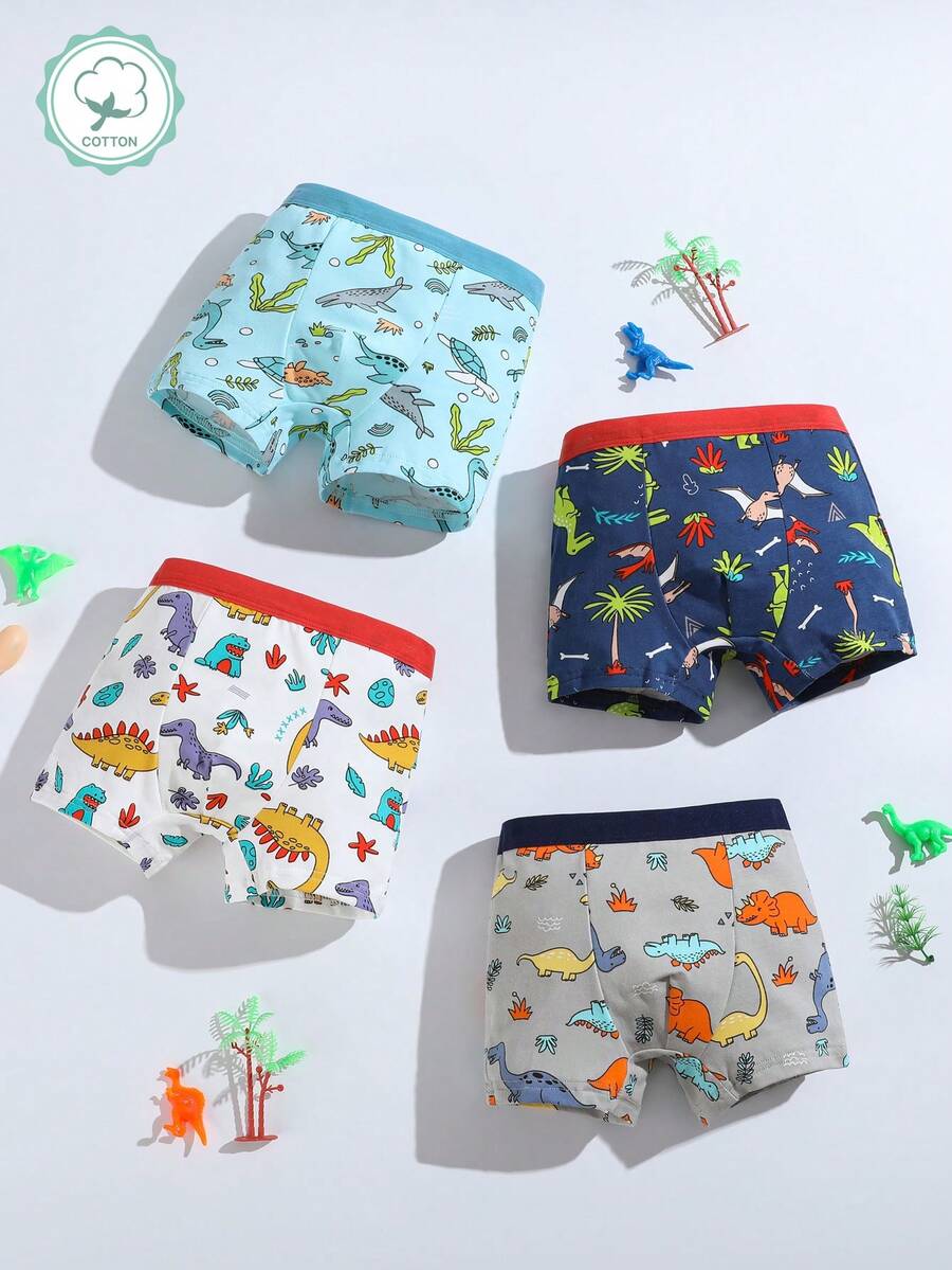 4pcs/Pack Boys' Soft & Comfortable Dinosaur Fossil Print Briefs, Kids & Teens