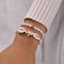 2pcs/Set Bohemian Beach Style Beaded Seashell & Starfish Handmade Bracelet Set For Women