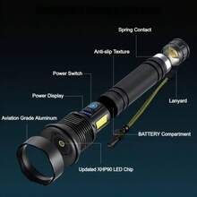TazTir XHP90 LED 7 Mode Super Bright Rechargeable Flashlight, Tactical Zoomable Flashlights High Lumens, Brightest Torch With Cob Sidelight, USB Output As Power Bank, For Outdoor, Fishing, Security, Road, Garage Lighting, Inclement Weather Or Power Outages - 黑色 - 查看 10