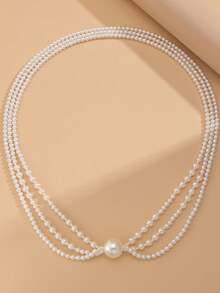 1PC Baroque Geometric Pearl Beaded Collarbone Chain, Retro Tassel Multi-Layered Long Necklace