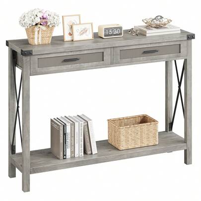Farmhouse Entryway Table, Grey Console Table With Rattan Drawers, 43" Sofa Table With Storage, Console Tables For Entryway, Living Room, Hallway, Foyer-Grey