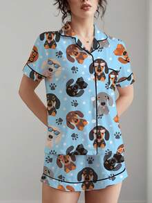 2 件套女士睡衣套装，可爱的腊肠犬印花，柔软的面料，适合节日派对的睡衣，舒适的短袖领扣衬衫和松紧腰短裤，时尚休闲装，适合户外和室内穿着，四季皆宜 - 淺藍色 - 查看 10