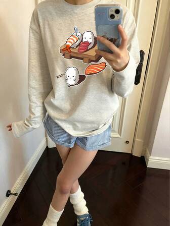 女士秋冬长袖 T 恤，可爱寿司印花，百搭休闲圆领上衣，可外穿或叠穿