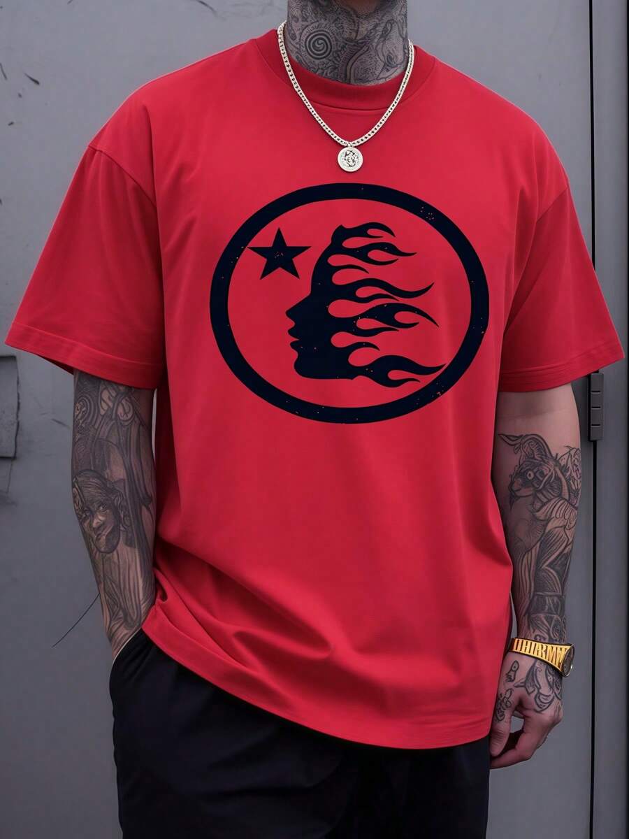 Abstract Face Silhouette With Flowing Flamelike Hair Gazing At A Star Inside Bold Circle Graphic 220g Casual Crewneck Short Sleeve Tee For Men - Đỏ - Xem 1