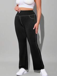 Plus Size Women's Autumn/Winter Sports Flare Pants, Slimming & Fashionable Outer Wear, Yoga Denim Effect High Waist Fitted Casual Pants With Pockets - Black - View 5