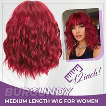 ESSVIGANT Halloween Christmas Burgundy Wavy Wigs With Bangs Short Bob Wavy Wigs For Women Curly Synthetic Cosplay Red Wig For Girls Daily Use Colorful Wig 14 Inch - 紅色 - 查看 2