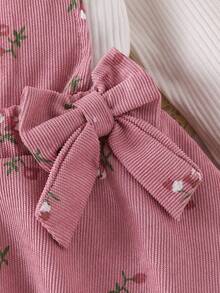 3 件套女婴甜美纯色长袖 T 恤上衣和花卉层叠荷叶边腰部围裙裙套装，配有蝴蝶结头带 - 粉色 - 查看 8