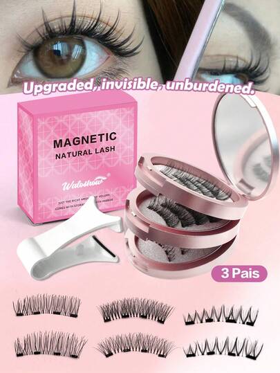 Waloshow 3 أزواج من رموش CC Curl ذات المظهر الطبيعي، رموش مغناطيسية قابلة لإعادة الاستخدام مع أداة تطبيق، بدون الحاجة إلى غراء، طقم رموش مغناطيسية بأنماط مختلطة، سهلة الارتداء والإزالة، ذات مظهر طبيعي