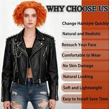 Perruque bouclée courte orange unisexe chic - Perruque de costume synthétique bouclée comme du maïs, fluffy. Idéale pour les fêtes, les festivals de musique, les mascarades et le Comic Con. Perruque rock and roll des années 80 unique et cool. Accessoire vestimentaire amusant et fou. Haute densité, look naturel, facile à utiliser. Idée de cadeau parfaite pour Noël, anniversaires et Thanksgiving. Décorations pour bars, clubs, raves, photographie, accessoires de scène - Orange - Voir 7