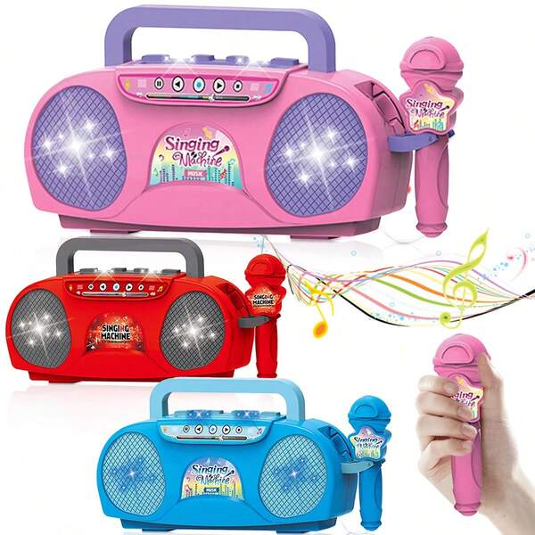 آلة كاريوكي للشباب مع إضاءة - لعبة موسيقية تعليمية للأولاد والبنات ، للاستخدام الداخلي والخارجي ، هدية رائعة لأعياد الميلاد والأعياد والكريسماس وعيد الشكر وعيد الهالوين والحفلات ، مصنوعة من مادة ABS متينة - متوفرة باللون الأحمر والأزرق والأسود