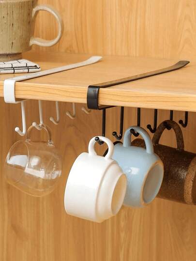 2/1pc Wall-Mounted Multi-Functional Storage Rack, Kitchen Cabinet Shelf Organizer Hooks, No Drilling Design Kitchen Cabinet 6-Hook Storage Rack, Kitchen Shelf Organizer Hooks, Kitchen Hooks, Track Kitchen Utensil Rack Hanging Hooks, Sturdy , For Kitchen, Wardrobe, Tie, Scarf Hanger, Suitable For Installation Under Kitchen Bar, Coffee Bar, Wardrobe, Cabinet, Housewarming Gift, Perfect Gift, Decorative Hooks, Home Essential, Kitchen Storage Must-Have (White/Black) Available