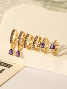 Set de 6 cercei minimalisti la modă pentru femei, placați cu cupru și zirconiu violet, potriviți pentru purtarea zilnică, petrecere și vacanță.