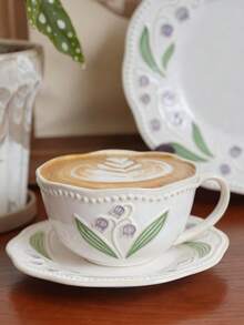 300ml 复古做旧浮雕郁金香咖啡杯碟套装，活性釉花卉陶瓷杯，适合下午茶、早餐杯、牛奶杯、拿铁艺术杯、礼物 - 彩色 - 查看 7