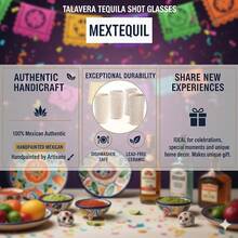 MEXTEQUIL - Vasos Tequileros de Cerámica Talavera Auténtica Mexicana, Set de 4 - Encaje Azul - Encaje Blanco - Ver 12
