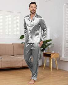 BigKing Men's Silk Satin Pajama Set, Soft Long Sleeve Button Down Pyjama Set - White - View 2