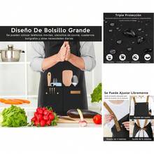 2 PCS Delantales de Cocina Ajustables con Bolsillos - Impermeables de Éster para Mujer y Hombre, Ideal para Cocina, Barbacoa, Pintura y Jardinerí - Negro+Gris - Ver 1