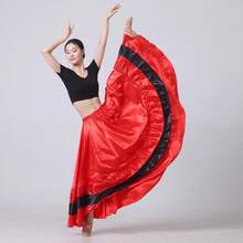 1件红色黑色全圆摆长裙 女士肚皮舞飘逸波西米亚风长裙 缎面轻盈夏季沙滩派对大下摆裙 优雅A字摆裙 - 紅色 - 查看 7
