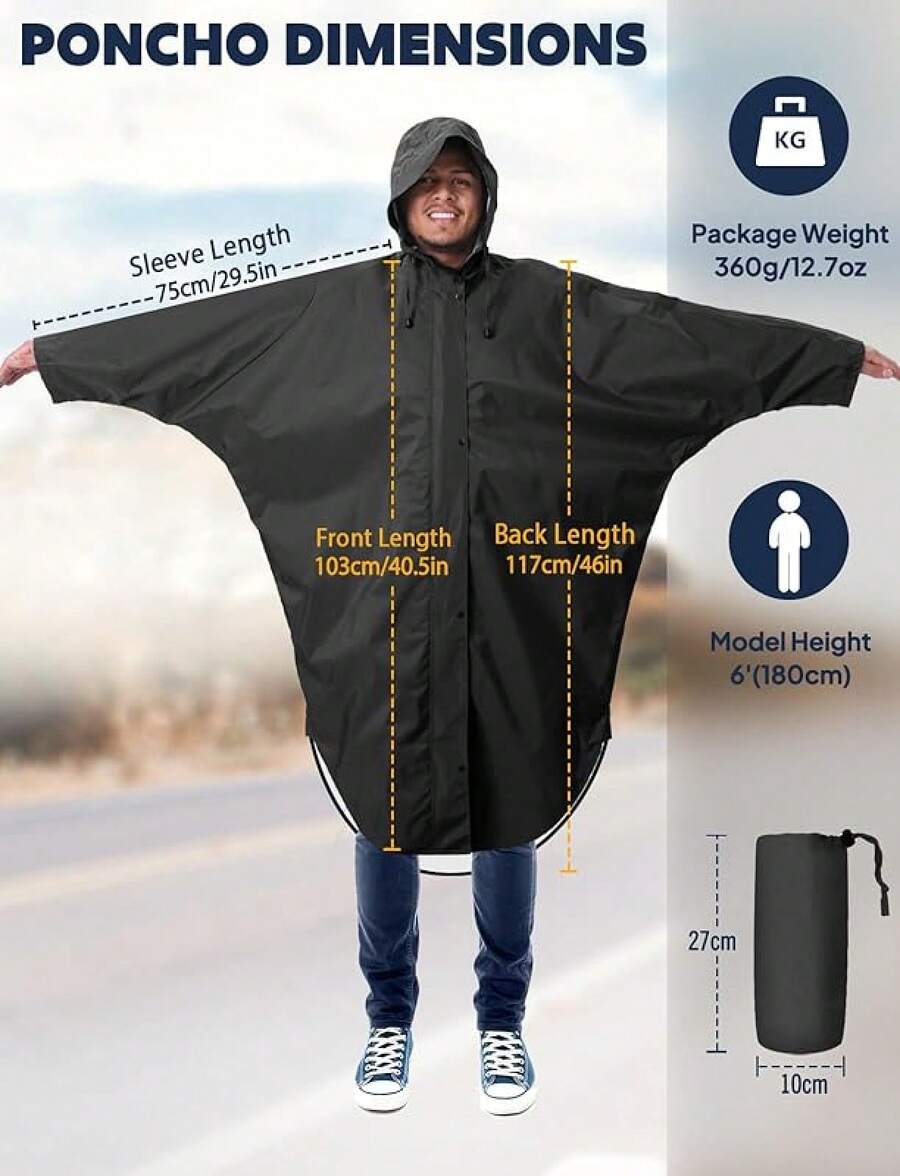 Poncho de lluvia impermeable Anyoo para adultos, ligero, reutilizable, para senderismo, chaqueta con capucha para actividades al aire libre - Negro - Ver 1