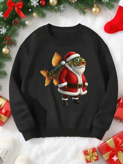 Italian Brainrot Christmas-Themed Sweatshirt In Black With Santa Fish Print - Perfect For Holiday Celebrations And Festive Outfits