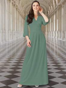 KOH KOH Women's Long V Neck Flowy Kimono Sleeve Wedding Guest Semi Formal Dressy Maxi Dress Floor Full Length Soft Stretch Stretchy Jersey Knit Comfortable Comfy Casual Pull On Elegant Modest Simple Solid Classy Slimming Flattering Draped Empire High Waist Wide Waistband Flowing A Line Maxi Skirt No Slit Easy Wear Butterfly Bell Three Quarter Sleeve Bridesmaid Bridal Mother Of The Bride Or Groom Prom Evening Cocktail Party Black Tie Gala Gown Spring Summer Fall Autumn Frock Engagement Anniversary Graduation Homecoming Dinner Date Church Choir Sunday Baptism Funeral Baby Shower Bridal Shower Work Office Business Meeting Vacation Holiday Travel Cruise Garden Party Beach Wedding Petite And Plus Size Tall Curve Curvy Maternity Pregnancy And Nursing Friendly Stylish Timeless Classic Photoshoot Outfit For Girls And Women - 海泡石淡綠色 - 查看 1