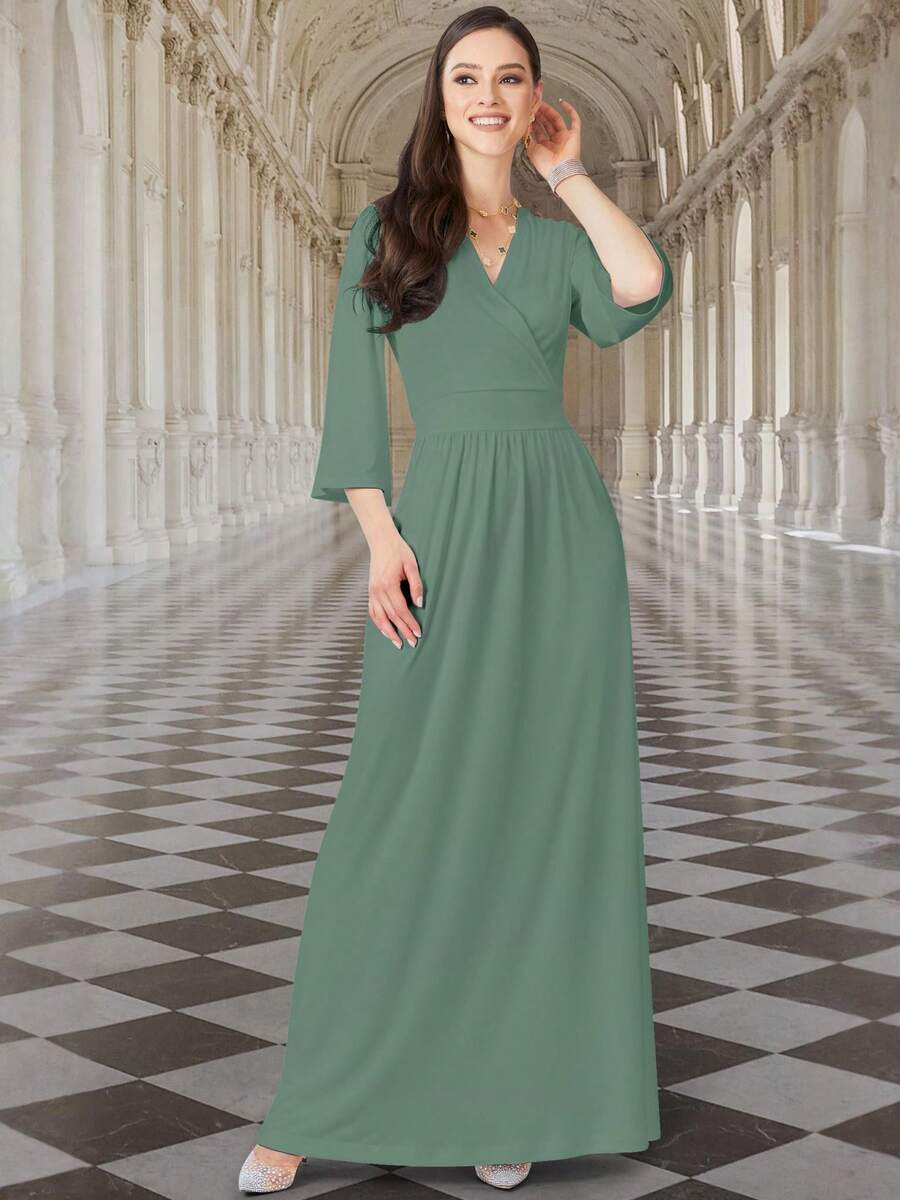 KOH KOH Women's Long V Neck Flowy Kimono Sleeve Wedding Guest Semi Formal Dressy Maxi Dress Floor Full Length Soft Stretch Stretchy Jersey Knit Comfortable Comfy Casual Pull On Elegant Modest Simple Solid Classy Slimming Flattering Draped Empire High Waist Wide Waistband Flowing A Line Maxi Skirt No Slit Easy Wear Butterfly Bell Three Quarter Sleeve Bridesmaid Bridal Mother Of The Bride Or Groom Prom Evening Cocktail Party Black Tie Gala Gown Spring Summer Fall Autumn Frock Engagement Anniversary Graduation Homecoming Dinner Date Church Choir Sunday Baptism Funeral Baby Shower Bridal Shower Work Office Business Meeting Vacation Holiday Travel Cruise Garden Party Beach Wedding Petite And Plus Size Tall Curve Curvy Maternity Pregnancy And Nursing Friendly Stylish Timeless Classic Photoshoot Outfit For Girls And Women - 海泡石淡綠色 - 查看 1