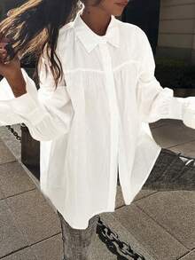 Chemise élégante à manches lanternes froncées, ourlet à volants, couleur unie, convient pour les vacances, le port quotidien, les rendez-vous, les voyages et les festivals