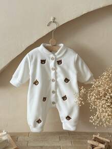 INS Baby Girls Bear Embroidery Thermal Lined Long Sleeve Jumpsuit, Warm For Winter