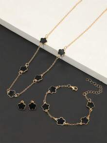 4 件套女士三叶草首饰套装，复古风格滴油幸运花项链、手链、耳环，情人节珠宝礼物