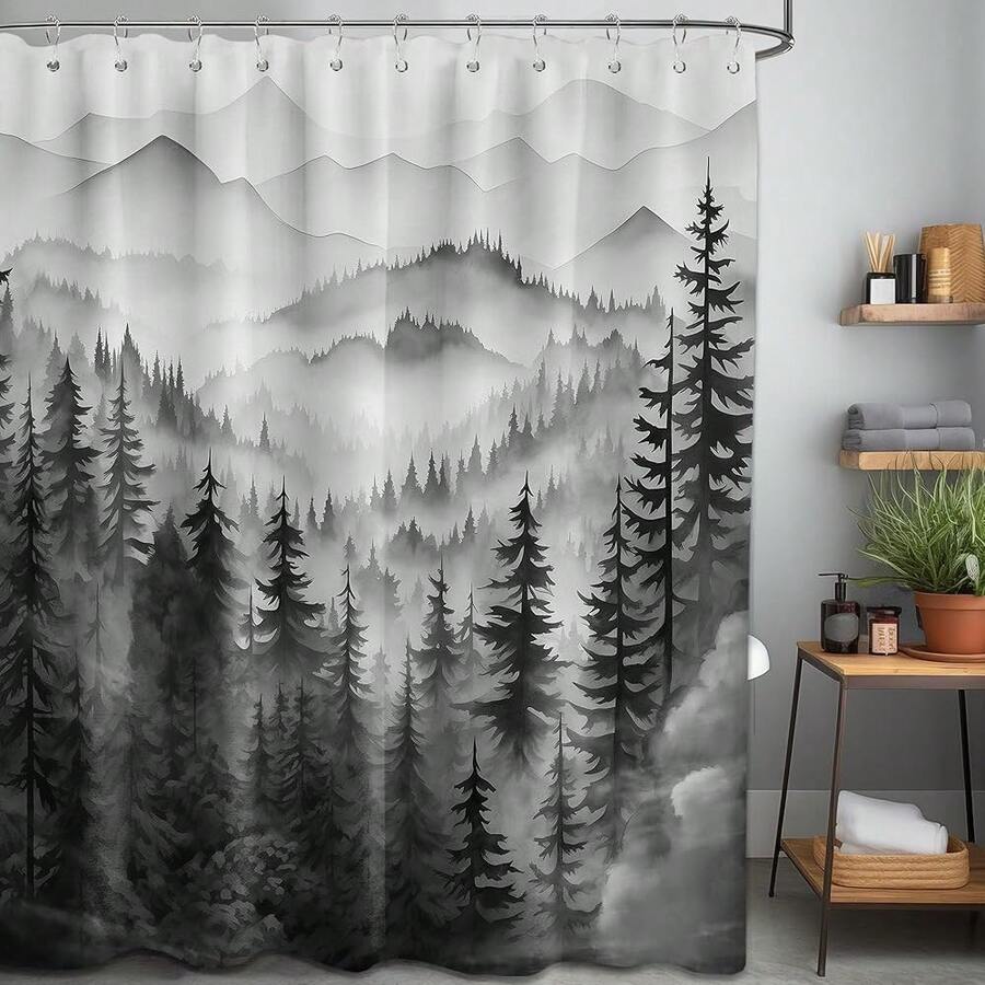 Foggy Mountain Shower Curtain, Nature Woodland Forest Cabin Shower Curtains For Bathroom Waterproof Pine Tree Bathroom Decor For Men, Polyester Fabric With Hooks (Black And White,60''W X 72''L){"Color_name":"BlackandWhite","Size_name":"60\"Wx72\"L(Packof1)"} - 多色13 - 查看 1