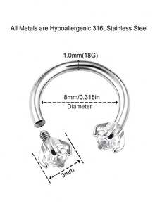 3件套 316L医用钢马蹄形鼻环，18G螺旋鼻环，男女通用，双水晶马蹄形鼻钉，也可用于鼻中隔、唇部、眉部、耳软骨，银色和金色鼻环，半环耳环，马蹄形耳软骨环，螺旋耳钉，双宝石马蹄形鼻中隔环，8毫米 - 套裝1 - 查看 3