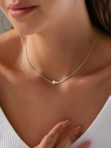 1pc Adjustable Silver Necklace With Cross Pendant, Elegant Design Suitable For Women's Daily Wear - Silver - View 5
