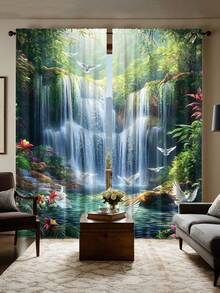 2pcs Nature Style Waterfall & Forest Landscape Blackout Curtains, Polyester, With Rod Pocket, Modern Design, Machine Washable, Suitable For Bedroom And Multiple Rooms - 多色2 - 查看 13