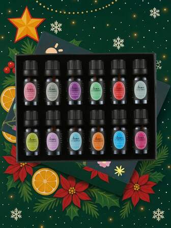 12 件套圣诞礼物圣诞蜡烛圣诞装饰圣诞香水圣诞精油套装礼盒新年快乐香薰精油天然成分适合所有肤质为按摩和香薰机和扩散器添加香味