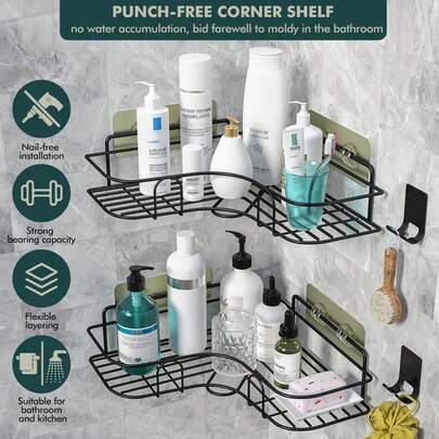 2pcs Corner Shower Caddy - Adhesive Shower Storage Rack, Rust-Proof Stainless Steel Shower Shelf, No Drilling Bathroom Organizer And Storage Rack, Space Saving, Black, Medium Size