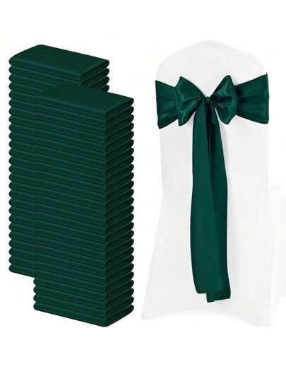2pcs/10pcs Dark Green Satin Chair Sash Knot Silk Wedding Chair Ribbon Bow Belt Party Wedding Chair Sash Tie For Birthday, Event, Hotel, Restaurant, Ceremony, Banquet Decoration