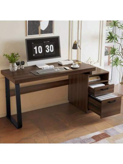 135 54 Cm Moderne Schreibtisch Im Minimalistischen Stil, MDF Schreibtischplatte Mit High Stahlrohr, Super Belastbar, Multifunctional Aufbewahrungs Geräuschlose Schublade, Ordnersch view 4