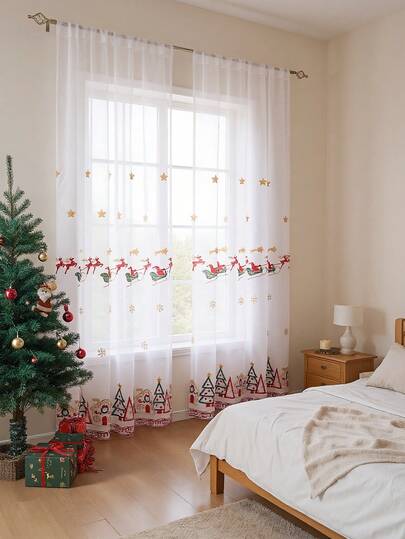 1pc Christmas Sleigh Santa Embroidered Curtain, Christmas Themed Embroidered Curtain, Suitable For Christmas Party, Home Living Room Kitchen Bedroom Decor