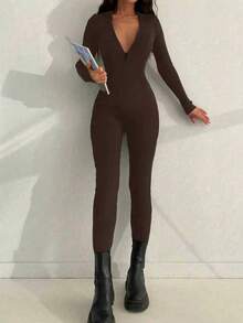 休闲运动百搭拉链设计圆领修身连体裤，秋季新品