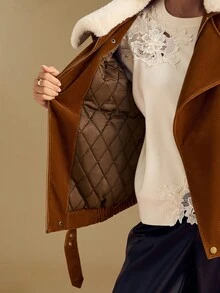 Sollinarry 女士冬季新款时尚棕色丝绒飞行员夹克，带人造毛领、拉链、保暖内衬，常规长度外套，适合圣诞节、新年、感恩节等场合穿着。 - 黃色 - 查看 2