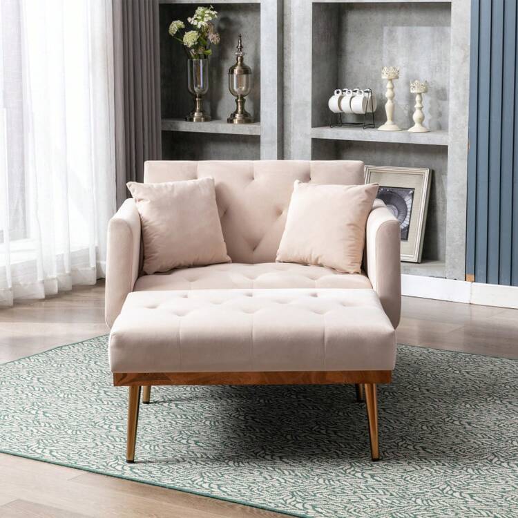 Modern Style Armchair, Recliner Chair With Adjustable Backrest, Folding Sofa Chair, Suitable For Living Room, Bedroom, Study Room (Beige) - 米色+天鵝絨+泡沫 - 查看 11