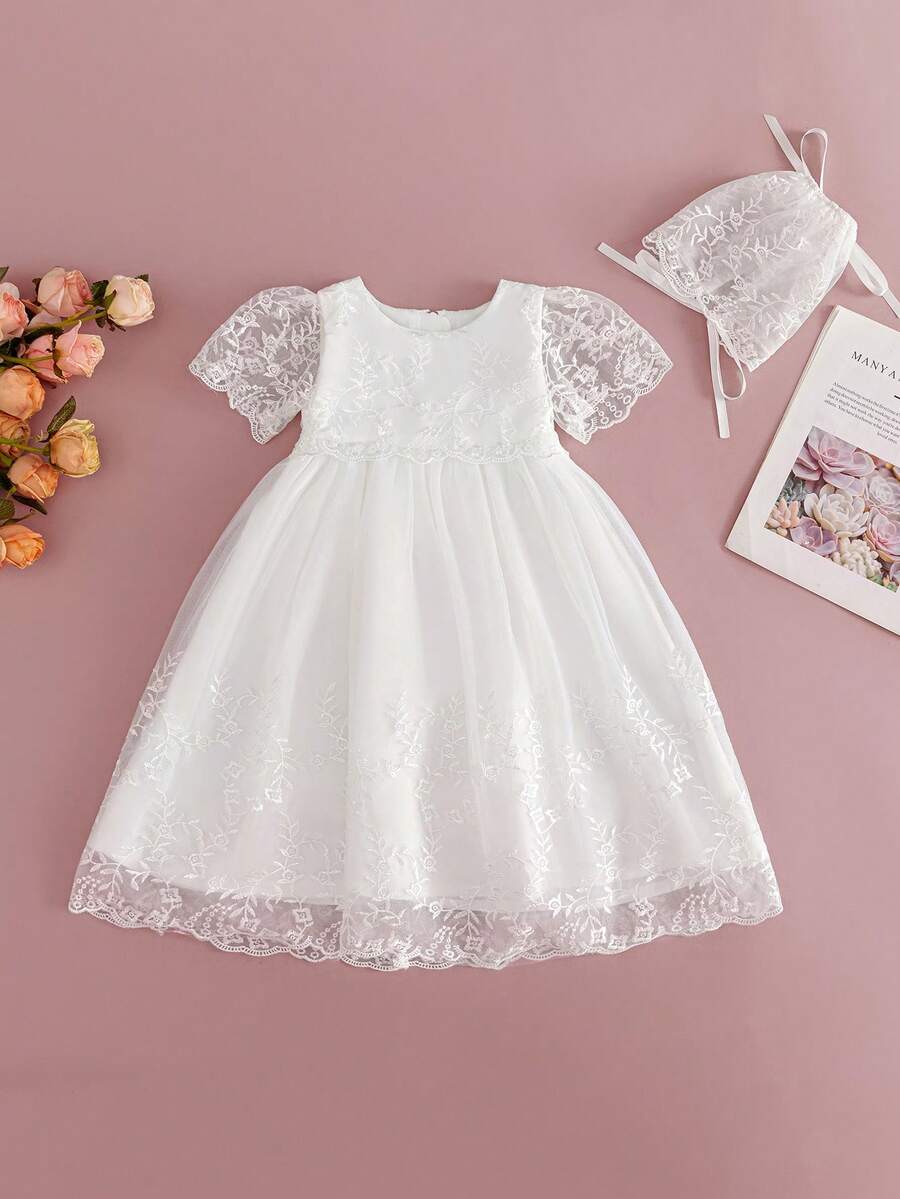 女婴白色洗礼礼服、婚礼花童生日派对蕾丝薄纱连衣裙，0-2 岁