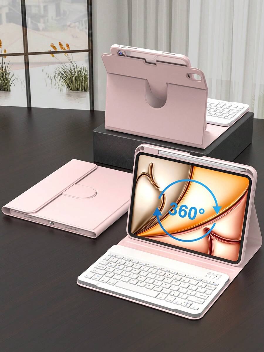 适用于 iPad 的旋转保护键盘套，兼容 iPad 第十代，采用 PU 皮革材质，适用于 iPad 10.2 英寸、第九/八/七代、Air 3/10.5 英寸、Pro 11 英寸（2018/2020/2021/2022 年款），配备亚克力背板和 Apple Pencil 插槽，适用于 iPad (A16) 11 英寸第十一代（2025 年款），支持 3 档角度调节，兼容 iPad Air 4/5/11 英寸 (M2) 2024 年款/(M3) 2025 年款，内置 150mAh 电池 - 粉色