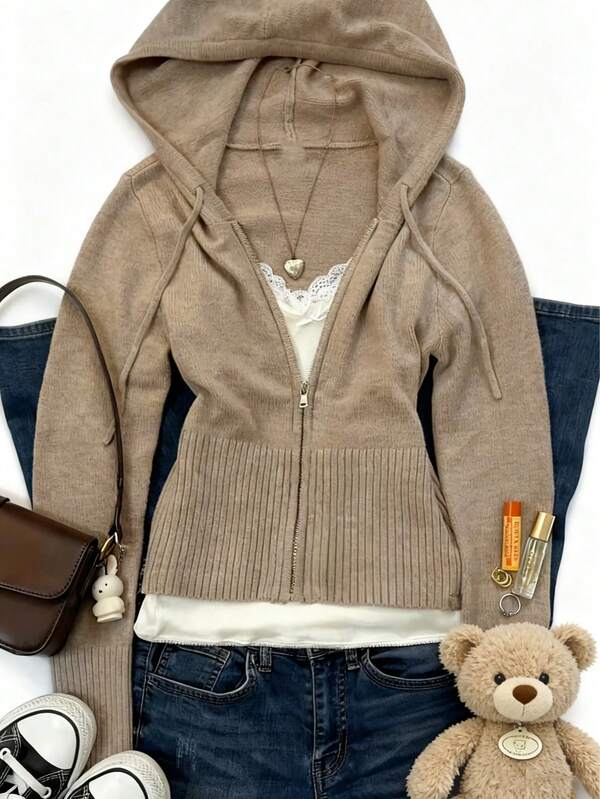 Women's Casual Cute Cropped Zip Hooded Slim Fit Knitted Sweater Cardgian Top Drawstring Long Sleeve Daily Commuter Versatile Knit Coat Fall Winter Going Out Outfits Clothes Streetwear Y2K