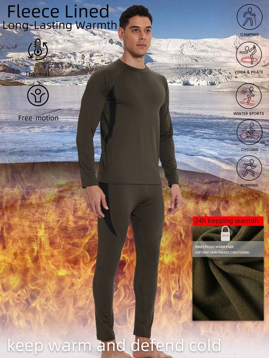 Men Winter Gym Outdoor Mountain Climbing Hiking Hunting Skiing Fleece Warm Long Sleeve Sports T-Shirt Sports Pants Set