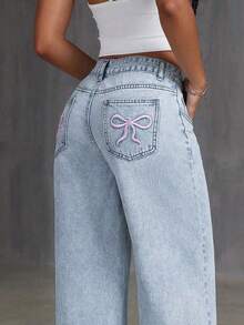 Teen Girls Loose Fit Butterfly Print Denim Wide Leg Pants