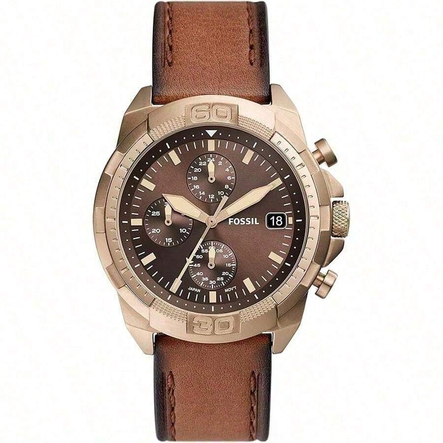 Fossil The Bronson Men's Quartz Chronograph Watch With Brown Leather Strap Featuring Fashionable Texture And Business Casual Style FS5857