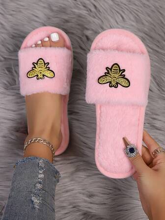 New Cartoon Bee Embroidered Plush Slippers, Soft & Comfortable Soft Sole, Lightweight, Suitable For Living Room And Bedroom, All Seasons