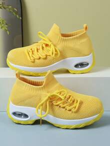 Women Knit Lace-Up Sock Sneakers Thick Sole Casual Walking Shoes - Yellow - View 13