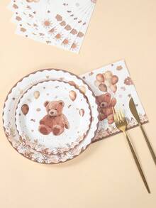 Brown Bear Themed Disposable Tableware Set, Including Paper Plates, Napkins, Cups, Suitable For Baby Shower, Gender Reveal, 1st Birthday Party Decoration - Brown Bear - View 6