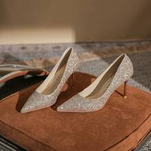 8819 French Pointed Toe High Heels Women New Crystal Glitter Wedding Shoes Silver Bridesmaid Shoes Stiletto Pumps Elegant Evening Party Dress Shoes For Women - 銀色[8cm] - 查看 7